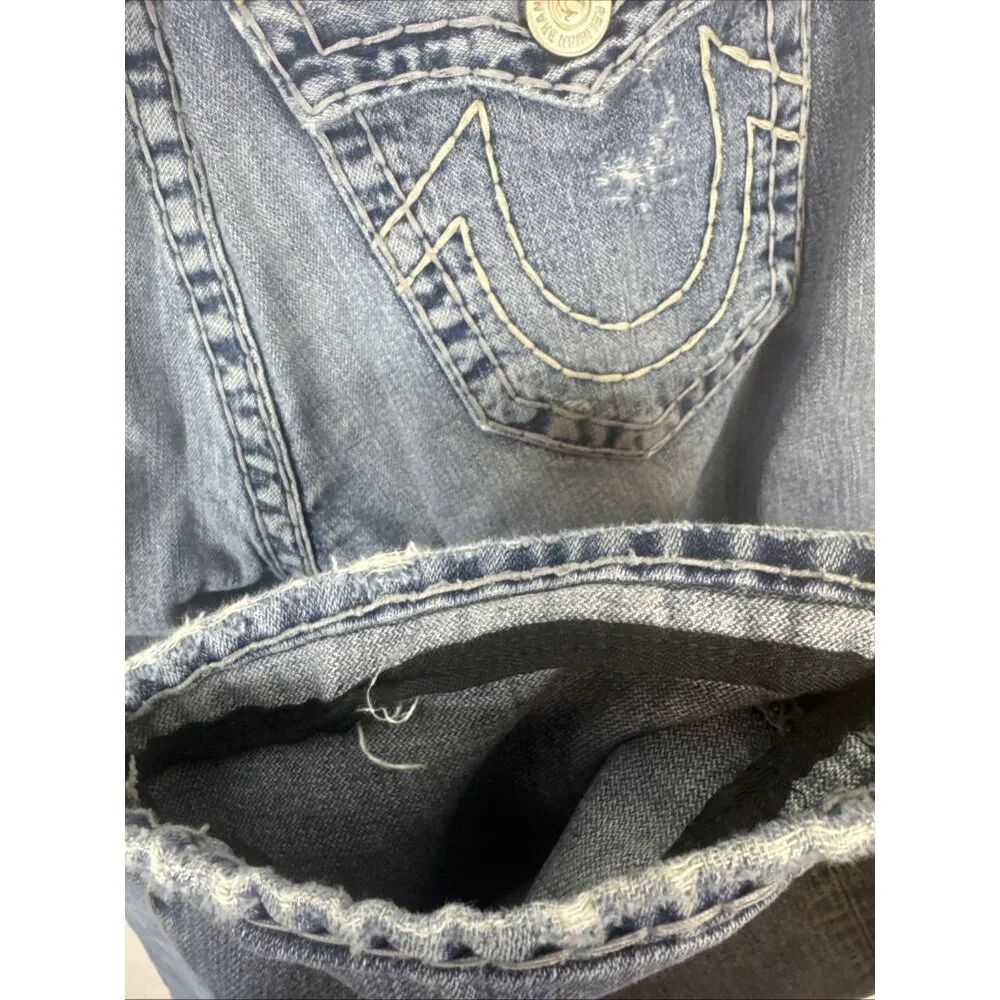 True Religion Ricky Jeans 33x31 Distressed Blue Denim Flap USA‎ Yellow Stitch
